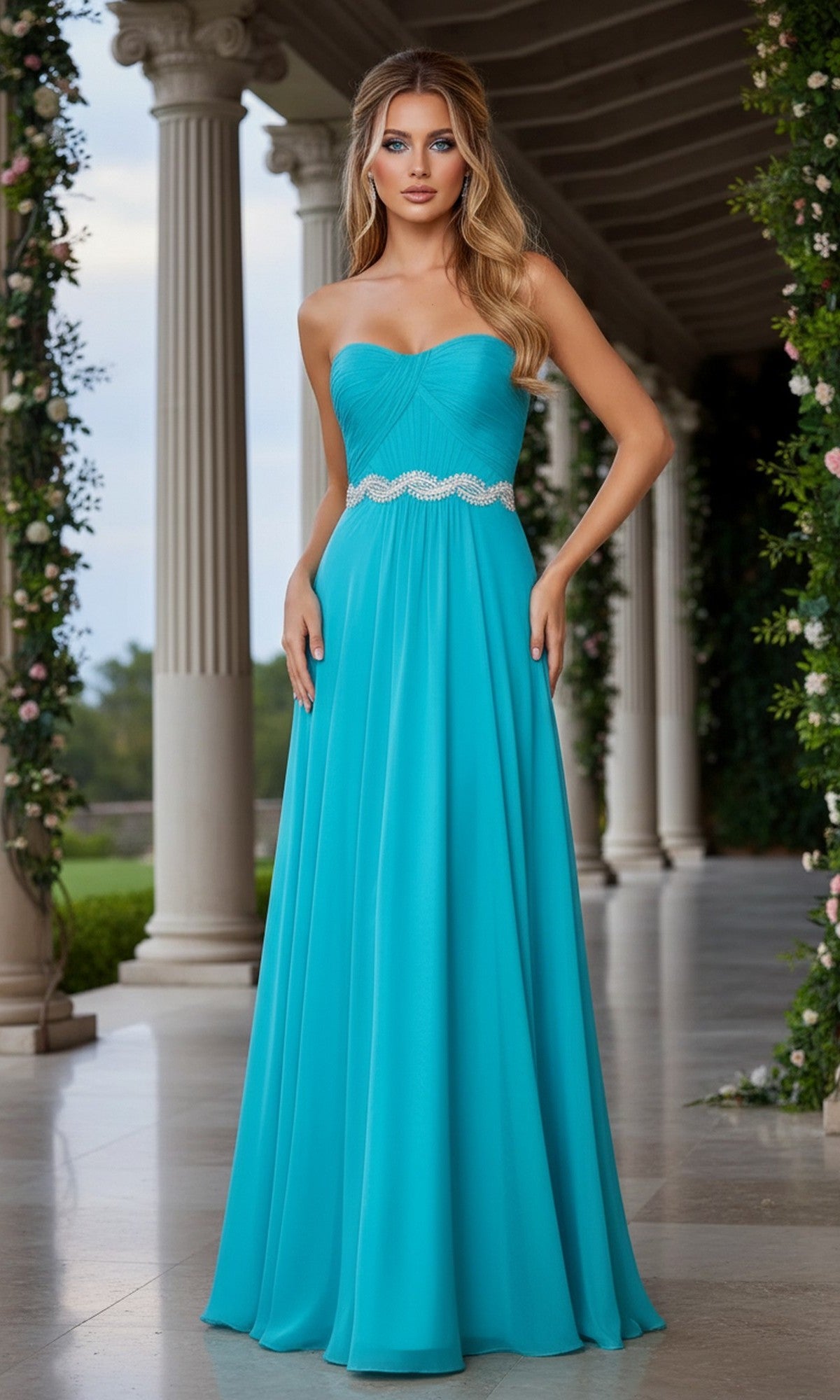 A woman wears the Simple Strapless Long Prom Dress: La Femme 21218, featuring a beaded waistband and sweetheart corset bodice, as she stands in a columned outdoor walkway decorated with greenery.